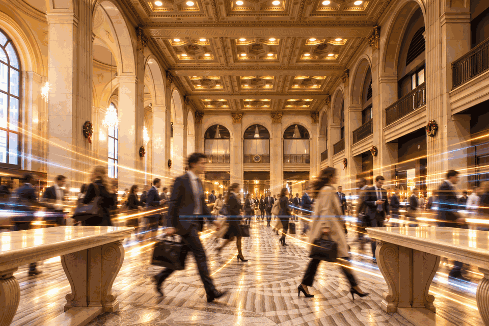 Institutional lobby with people in motion
